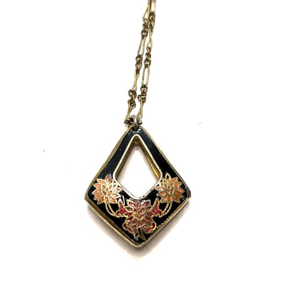 Vintage Cloisonne Open Diamond Pendant Necklace ARTISTRY 12K GF - Picture 1 of 4